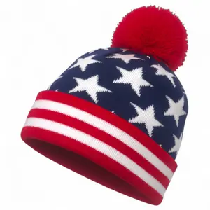Pom Pom Beanie Hat American Flag Warm Winter Men Ski Cuffed Cap Women Patriotic