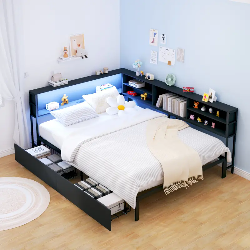 Kids Full Corner Bed Frame with Storage, Kids Full size Bed, Full Size Captains Bed with Charging Station and LED Light, Wood Daybeds with L-Shaped Bookcase and 2 Drawers, Black