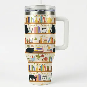 40oz Tumbler with Handle, Aesthetic Library Bookshelf Pattern Water Bottle, Gift for Book Lovers & Teachers, Reading Hooked Travel Mug,eacher Gift,Graduation Christmas Gift for Librarian & Students,Mother's Day Gift for Women Mama