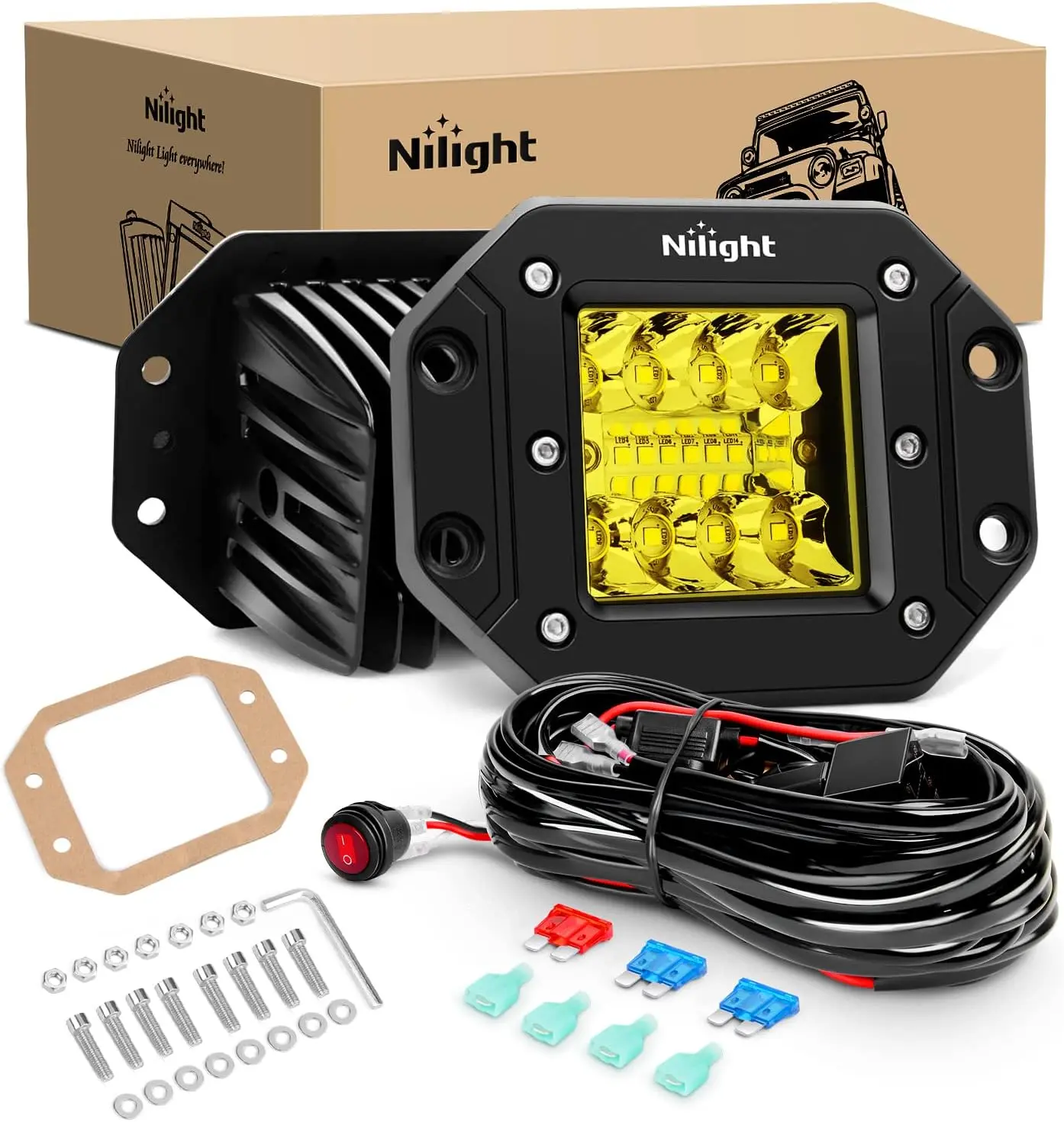 Nilight 2PCS 42W Flush Mount Amber LED Light Pods Upgraded Spot Flood Combo Beam Driving Light LED Work Light with 16AWG Wiring Harness Kit-2 Leads Under Dash Lighting
