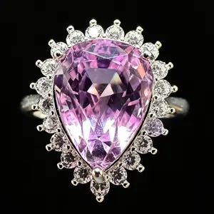 Pear Cut Natural Kunzite Double Halo CZ 925 Sterling Silver Adjustable Luxury Cocktail Statement Ring