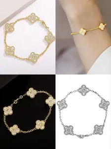 Five Flower Clover Charm Bracelet, Dainty Adjustable Lucky Jewelry, Minimalist Floral Bracelet for Women, Four Leaf Clover Everyday Wear