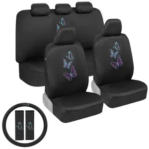 BDK Blue Butterflies Car Seat Covers for Women, Full Set with Steering Wheel Cover and Seat Belt Pads – Front and Rear Covers with Matching Embroidered Accessories, Fits Most Car Truck Van SUV