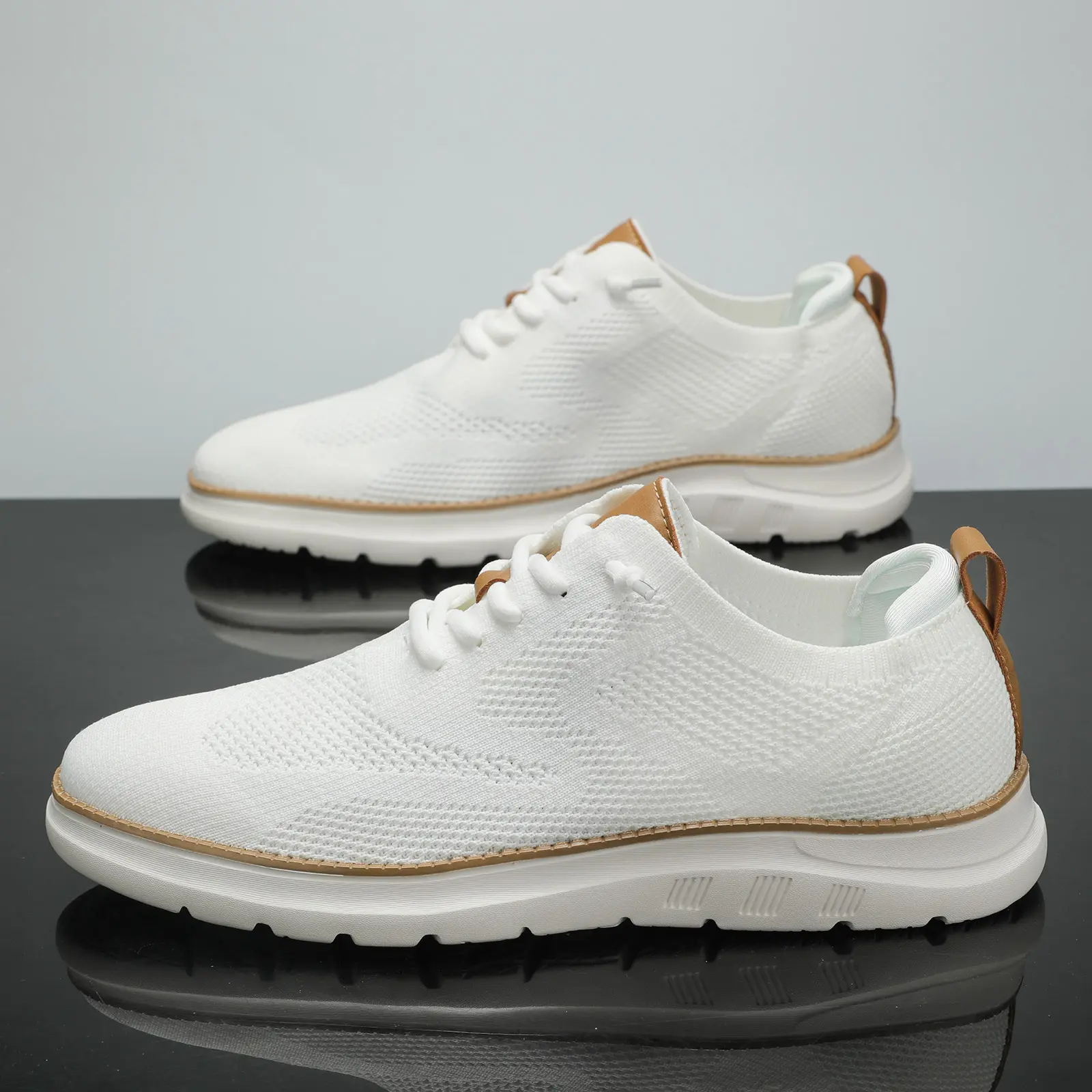 Men's Knit Fabric Casual Dress Sneakers - Trendy Mesh Lace-Up Sports Shoes, Breathable Oxfords with Tan Brown Sole Accents, Heel Pull Tab, Lightweight Comfort for Walking