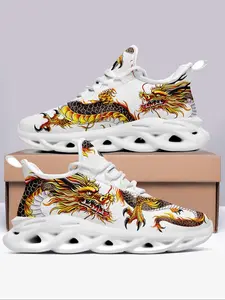 Men's Chinese Dragon Print Lace Up Sneakers, Fashionable Breathable Comfortable Sports Running Shoes, Male All-match Round Toe Shoes for Daily Wear, Closed