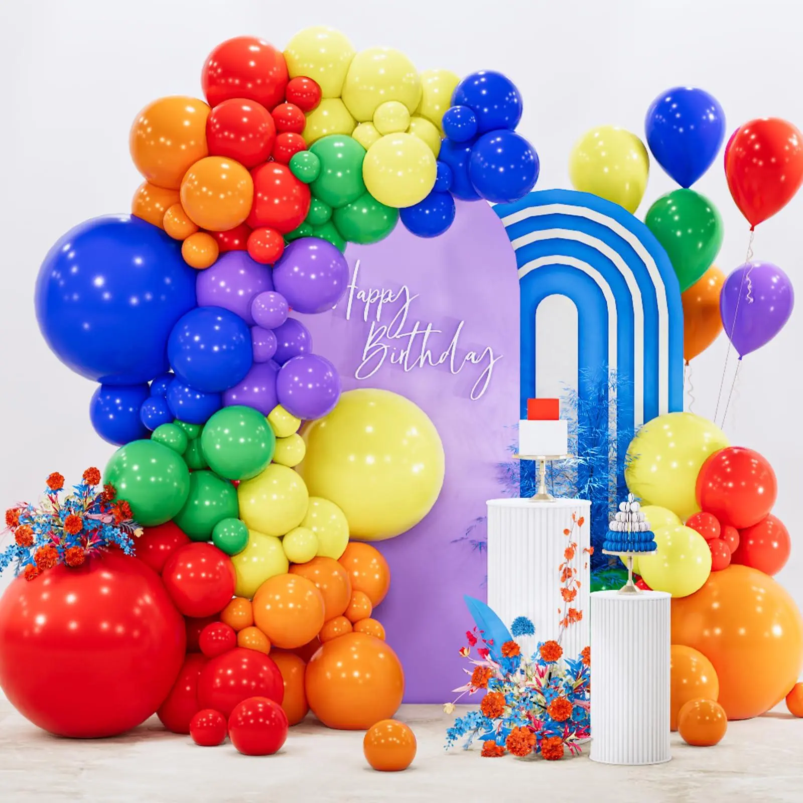 PartyWoo Rainbow Round Balloon Arch Kit, 140pcs Multiple Sizes with Hand Pump | Festive Decor for Birthday, Wedding, Baby Shower Parties