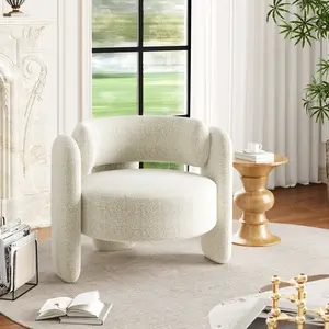Modern Chenille Accent Chair – 3-Leg Upholstered Armchair  White/Dark Grey with Open Back and Rounded Corners, Comfy Single Sofa for Living Room, Bedroom, Office, Cafe – 330LB Capacity – White/Dark Grey