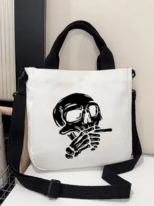 Skull Silence Bold Print Canvas Tote, Unisex Fashion Casual Handbag with Shoulder Strap, Portable Daily Bag for Travel Hiking, Gift for Alternative Style Enthusiasts