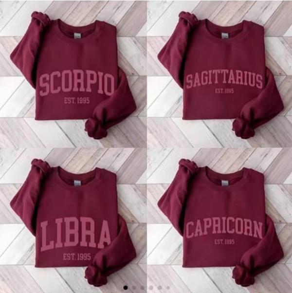 (Leave A Note or DM to Shop) (Ver 2) Custom Zodiac Sweatshirt - Maroon Color, Custom Year-Est Your Year Astrology Pullover, Cute Horoscope Energy Gift, Unisex Crewneck Sweatshirt, Birthday Zodiac Sign Outfit