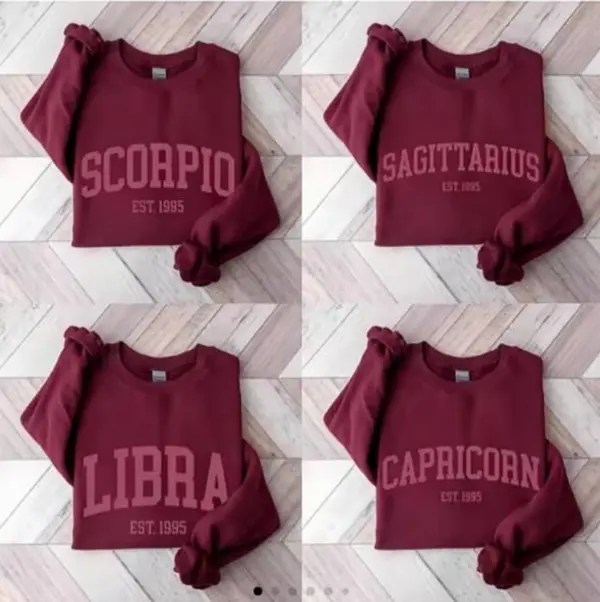 (Leave A Note or DM to Shop) (Ver 2) Custom Zodiac Sweatshirt - Maroon Color, Custom Year-Est Your Year Astrology Pullover, Cute Horoscope Energy Gift, Unisex Crewneck Sweatshirt, Birthday Zodiac Sign Outfit