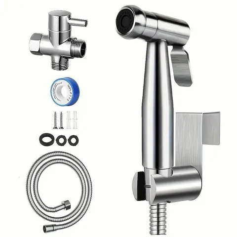 Stainless Steel Adjustable Bidet Shattaf Adapter Hose Complete Kit - Wall/Hook Mount Brushed Handheld Shower Head with G1/2 Valve, Gentle/Jet Adjustable Jets, Easy US Bathroom Fixture Installation (Includes Teflon Tape, Anchors)