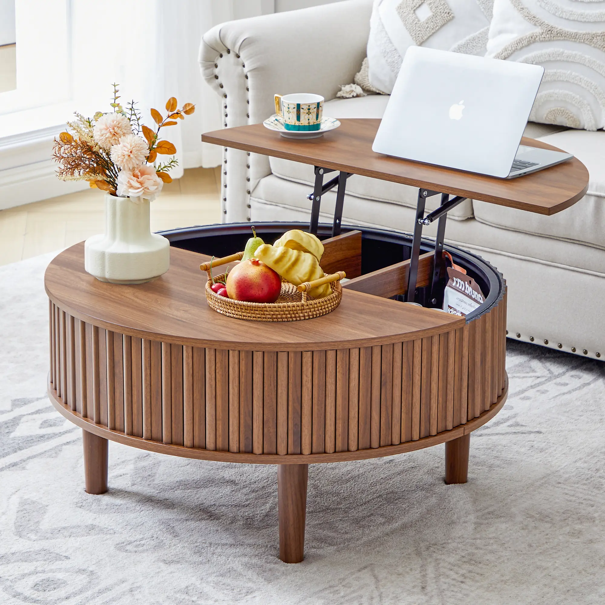 FurSch 31.5” Round Lift-Top Coffee Table with Hidden Storage, Mid-Century Modern Fluted Wooden Table for Small Living Spaces