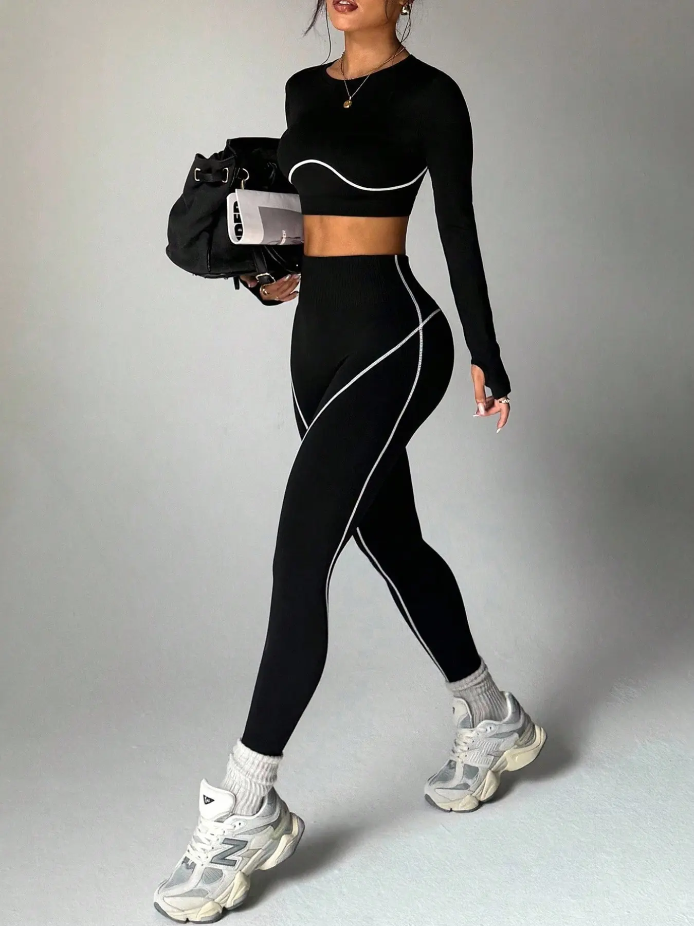 Women's Yoga Fitness Set, Long Sleeve Fingerless Top & Slimming Butt-Lifting Running Pants, Breathable Gym Workout Gear, Sportswear Set, Exercise Clothing Set, All Seasons
