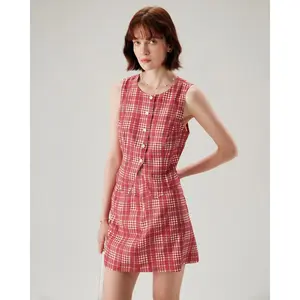 Rihoas Women's High-Waisted Fitted Vintage Red Plaid Mini Skirt - Polyester Premium Fabric, Casual Lady's Bottom, Versatile to Pair with Sweaters or Blouses, Floral-Inspired Design