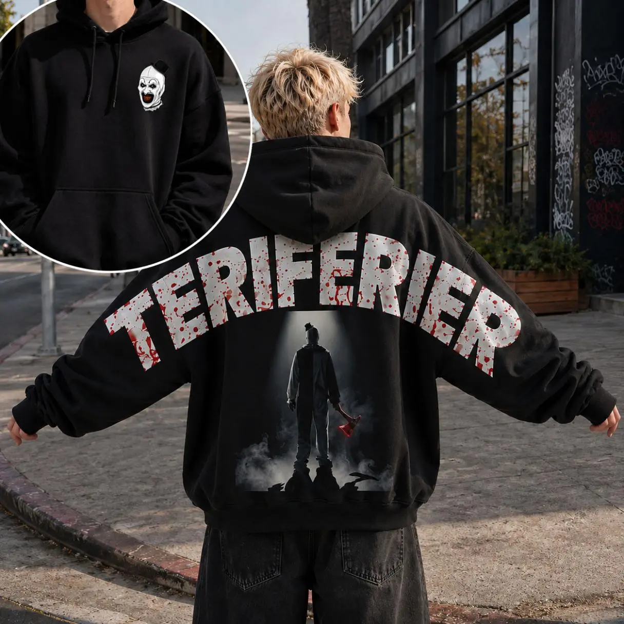 Terrifier Art the Clown Vintage Graphic Hoodie Retro Horror Movie Streetwear Oversized Unisex Pullover Sweatshirt Halloween Gift for Horror Fans