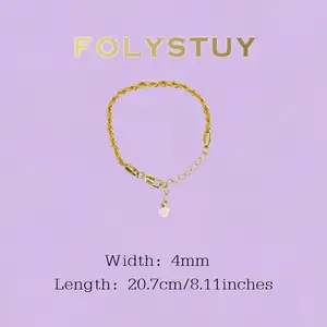 《W180》8.11" Twisted Rope Bracelet, 4mm Width, Adjustable Heart Charm for Daily Wear