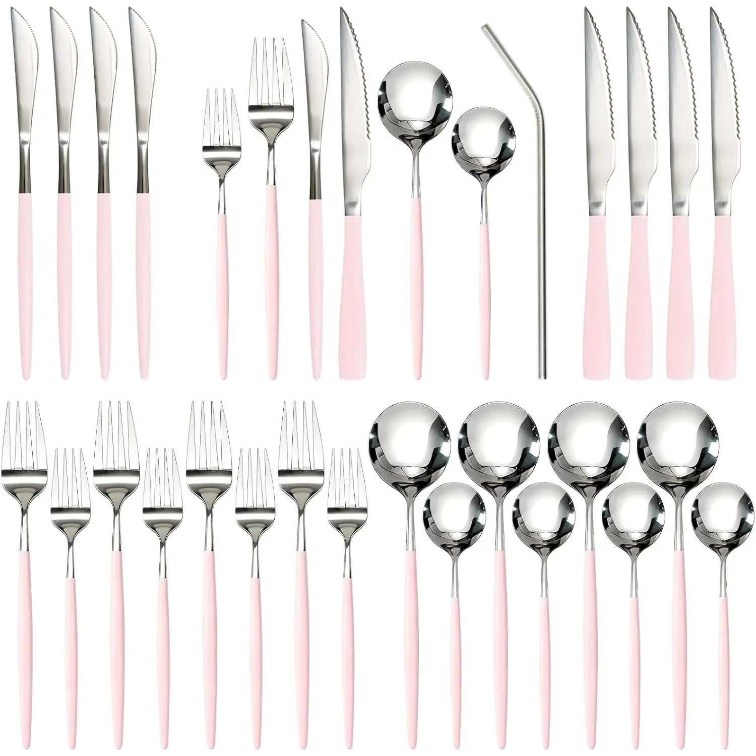 Silverware Set with Steak Knives 24-Piece Flatware Set for 4 Food-Grade Stainless Steel Pink Cutlery Set Mirror Polished Utensils Set Include Spoons and Forks for Home Kitchen Restaurant