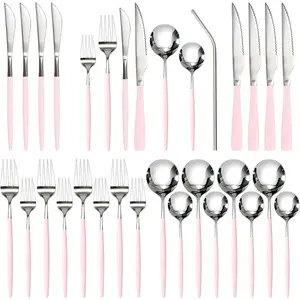Silverware Set with Steak Knives 24-Piece Flatware Set for 4 Food-Grade Stainless Steel Pink Cutlery Set Mirror Polished Utensils Set Include Spoons and Forks for Home Kitchen Restaurant