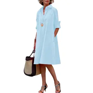 Chouyatou women's spring and summer loose long-sleeved solid color dress casual cotton button-down mid-length shirt dress