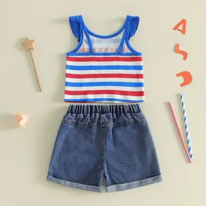 Toddler Girls Independence Day Outfit Sleeveless Crew Neck Star Striped Print Tops and Elastic Waist Denim Shorts
