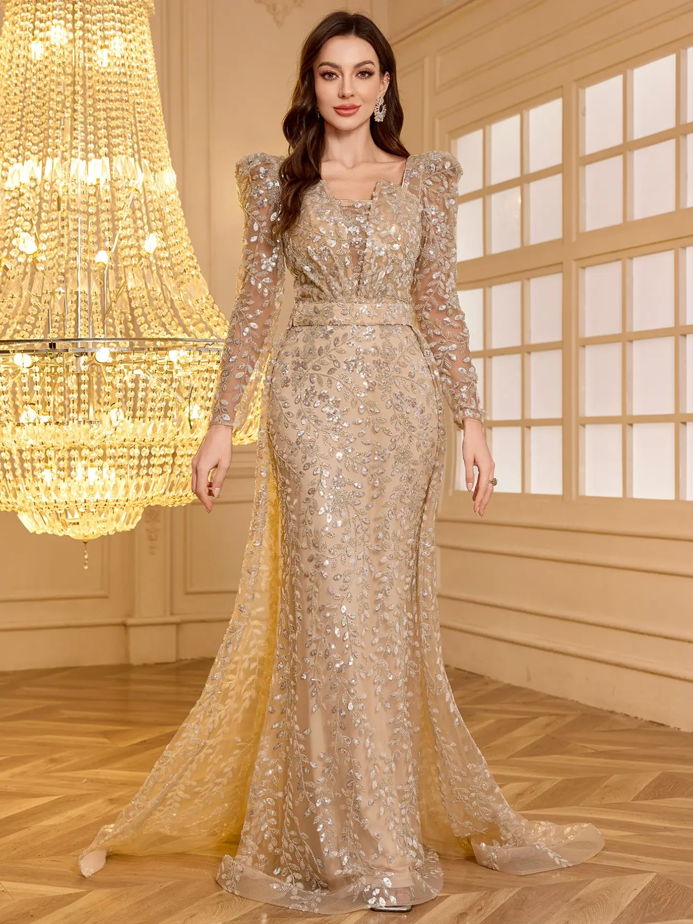 Elegant V Neck Backless Evening Gown with Leaf Embroidery, Sequin Embellished Fitted Maxi Dress with Detachable Skirt, Long Sleeve Formal Dress for Women All Seasons Formal Wear Lady Evening Dresses