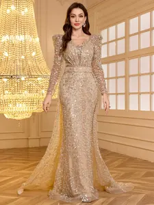Elegant V Neck Backless Evening Gown with Leaf Embroidery, Sequin Embellished Maxi Dress with Detachable Skirt, Long Sleeve Formal Dress for All Seasons
