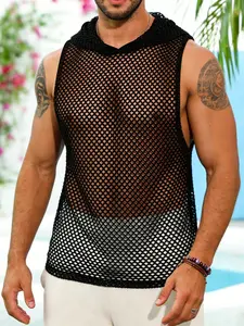 Men's Plain Hooded Mesh Casual Top, Daily Wear Fishing Net Shirt, Comfortable Sleeveless Y-Type Back Vest, Perfect for Outdoor Activities, Breathable Tropical
