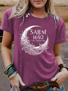 Women's Salem 1692 Graphic Print Round Neck Tee, Fashion Casual Short Sleeve T-shirt, Ladies Summer Clothes for Daily Wear, Top
