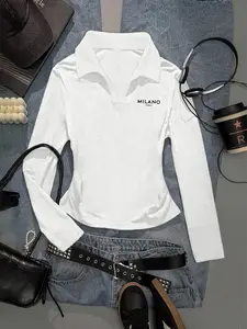 Women's Y2K Gothic Polo Neck Long Sleeve Slim Fit Top Print, Fall & Winter Casual Fashion, Perfect for Daily Wear and Parties