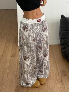 Coolane Women's Casual Knitted Long Pants With Autumn Leaf Print And Zipper Detail