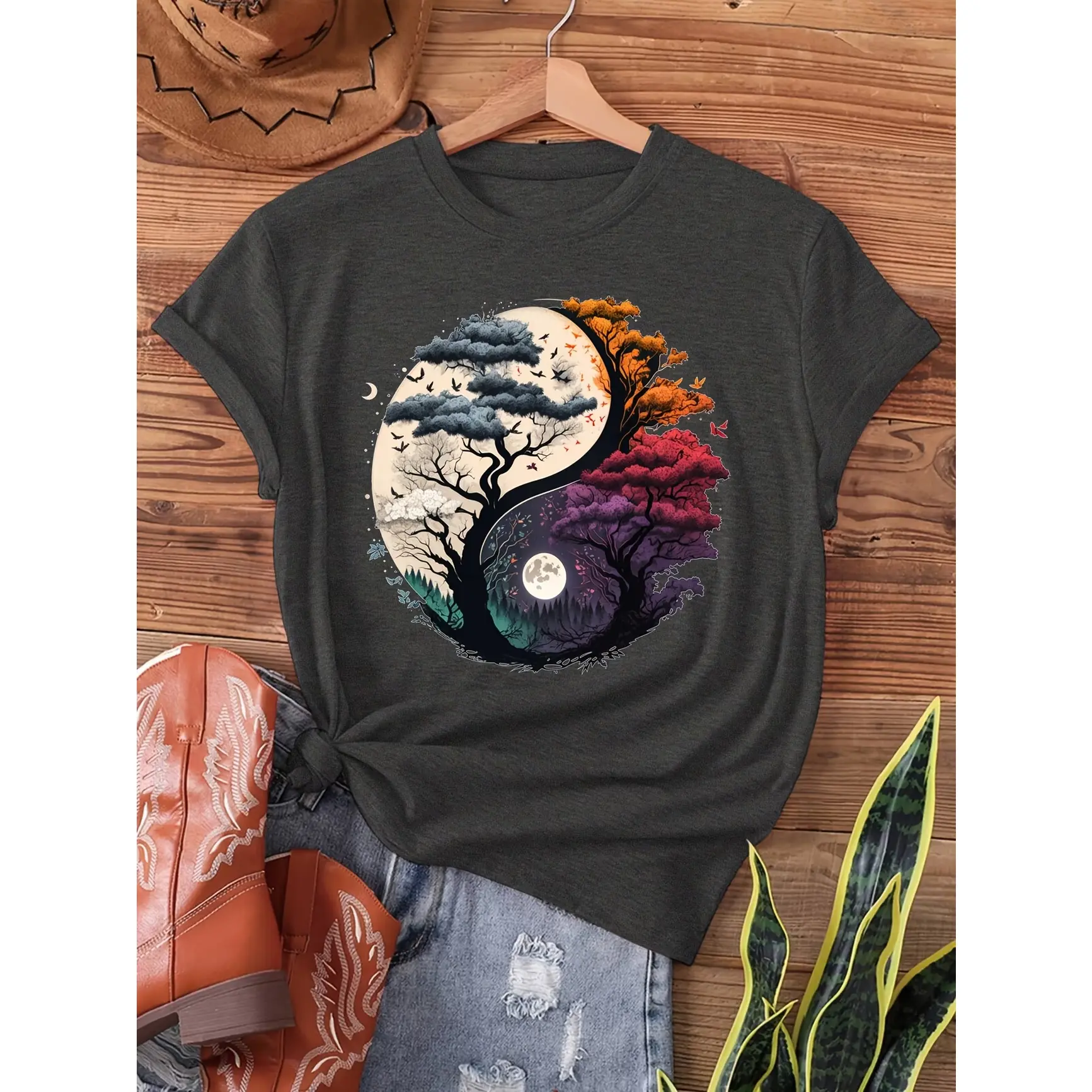 Yin Yang Tree of Life Graphic Cotton T-Shirt, Four Seasons Nature Moon Crew Neck Outfit, Comfort Oversized Fashion Tee, Perfect Valentine's Day Holiday Gift For Him & Her
