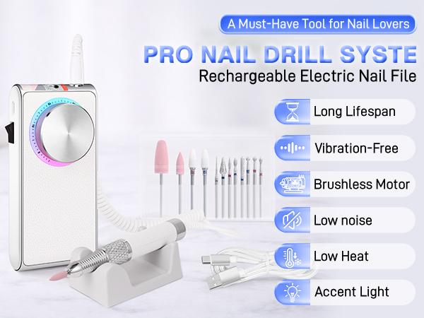 Electric Nail Drill 30000 RPM Brushless Motor, Rechargeable Professional Nail File with Battery & LED Display, Quiet Low-Vibration Nail Drill with 12 Bits for Manicure & Pedicure