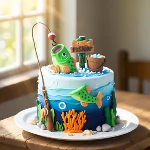 Fishing Theme Cake Decoration Set, Soft Gel Small Fish Rod Baking Insert, Men's Birthday Fishing Cake Decorations