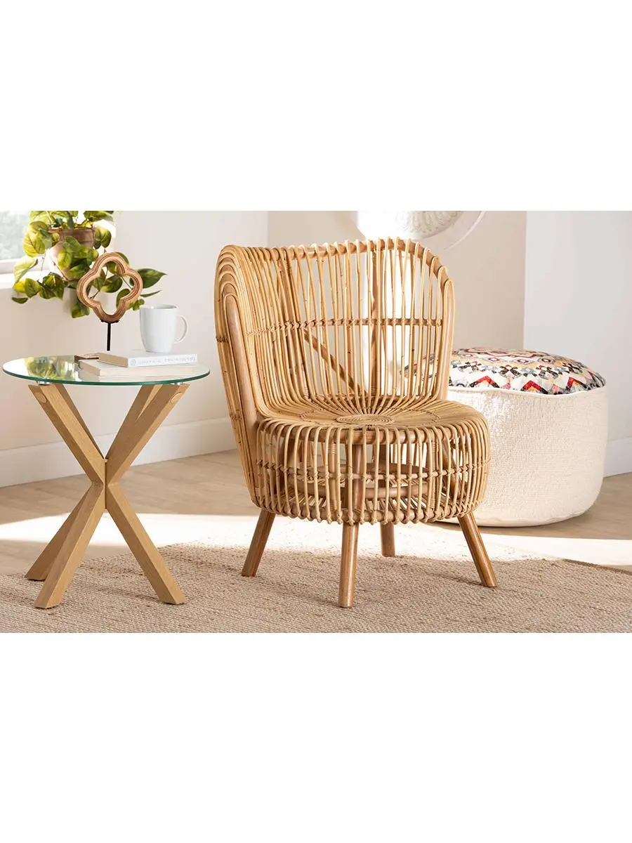 Baxton Studio Nagoya Handcrafted Modern Bohemian Natural Rattan Wide-Seat Indoor Lounge Chair, Rattan Wicker Furniture, 26 lbs, 26.00"w x 27.60"d x 32.30"h, Angled Legs