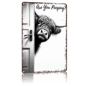 Highland Cow "Are You Pooping?" Funny Bathroom Metal Sign - 8x12 aluminum rustic decor for home restrooms, farmhouses, Airbnb bathrooms, or TikTok silly skits! Hilarious black-and-white Highland cow design, perfect for viral bathroom prank videos and cozy