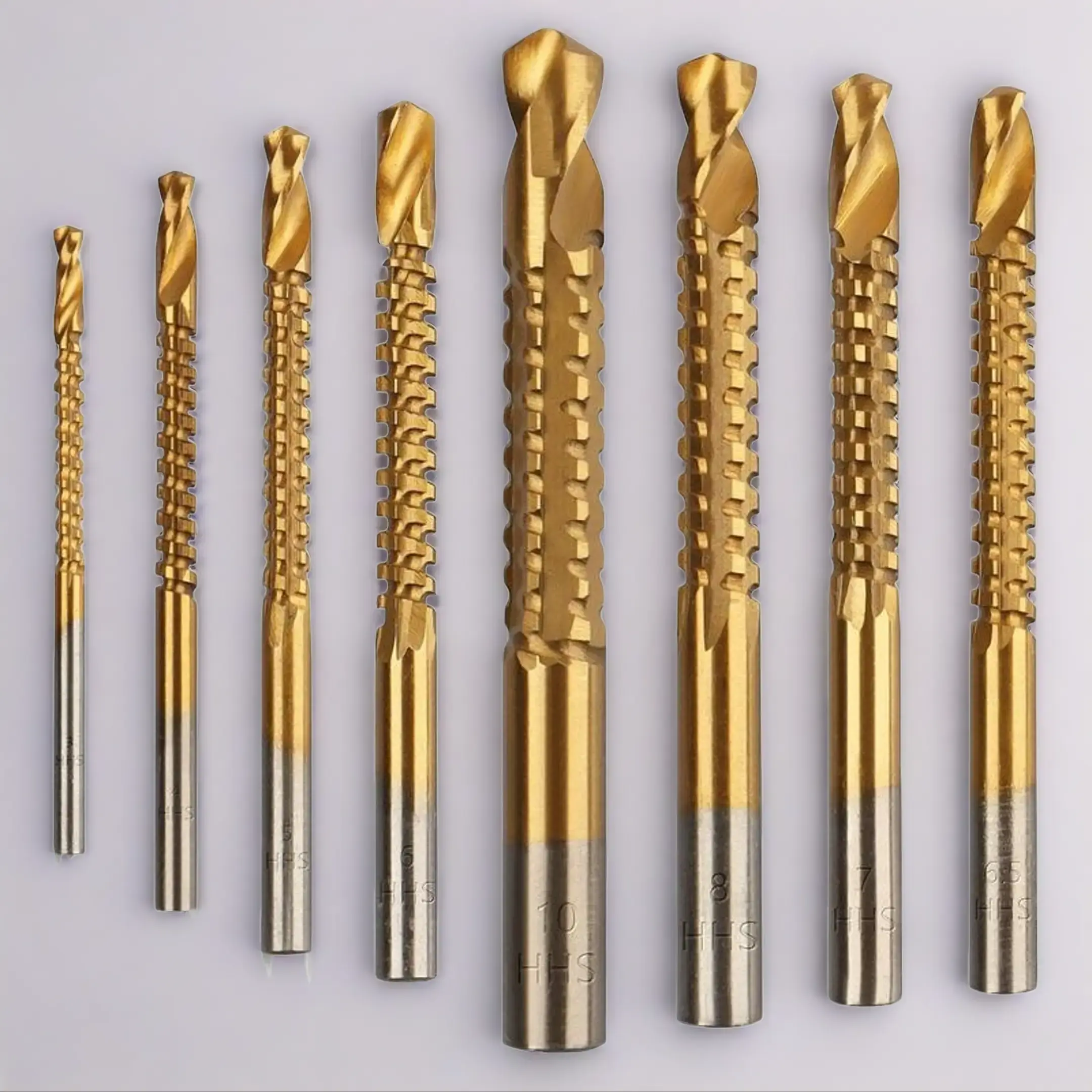 Titanium-Coated HSS Twist Drill Bits 8-Pack 3-10mm Serrated Side Cutting Edges for Wood Metal & Plastic Drilling