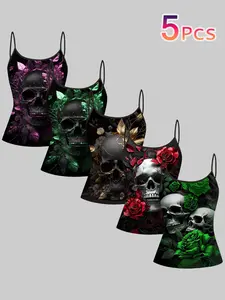 5-Piece Gothic Skull Rose Print Tank Tops, Silver 3D Strap Top, Vintage Floral Pattern Sleeveless T-Shirt for Women