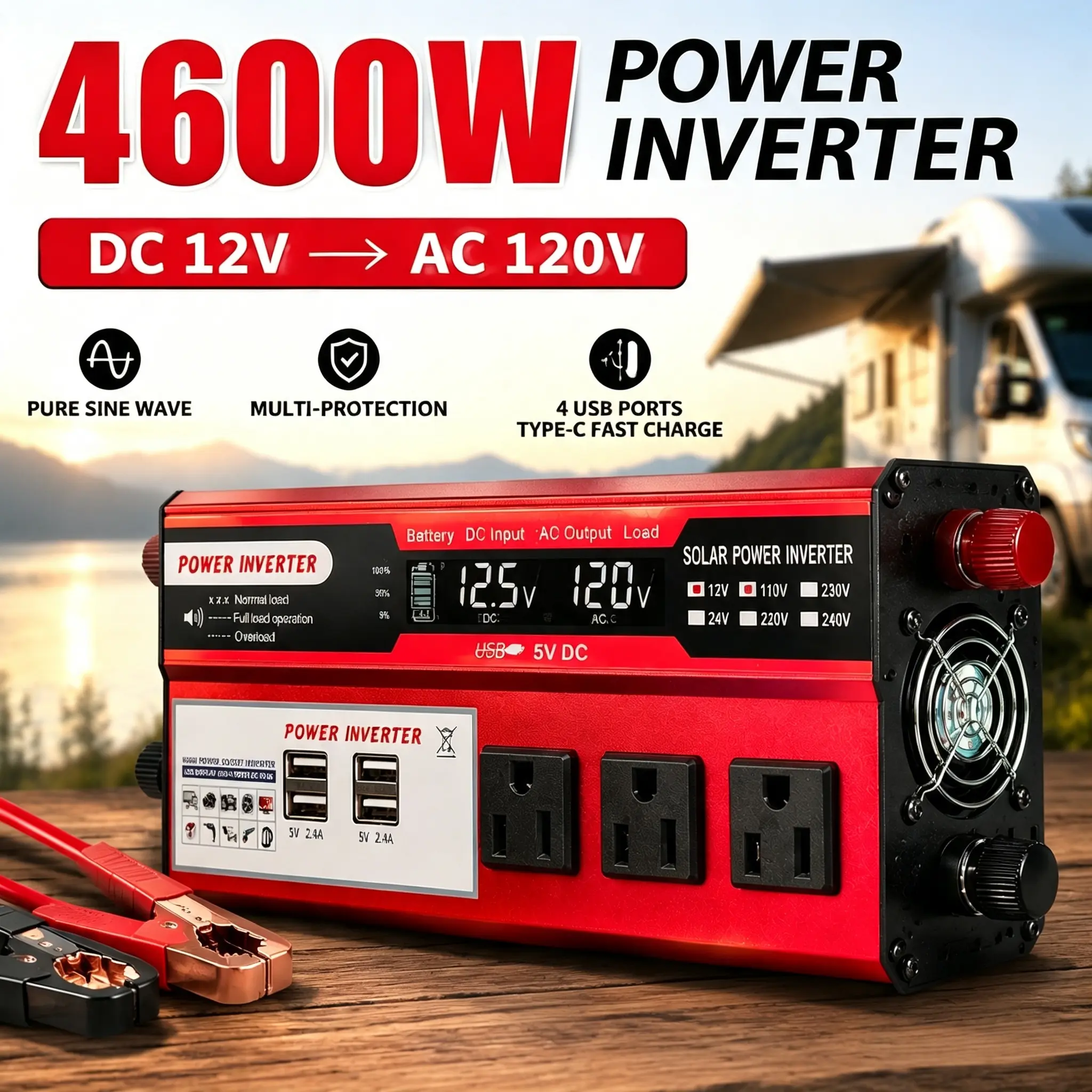 4600W Peak Power Pure Sine Wave Power Inverter, LCD Display, Multiple USB-A Fast Charging Ports, US Standard Outlets, Portable Power Converter for Car RV Truck Boat Outdoor Camping Emergency Power Supply, No Built-in Battery