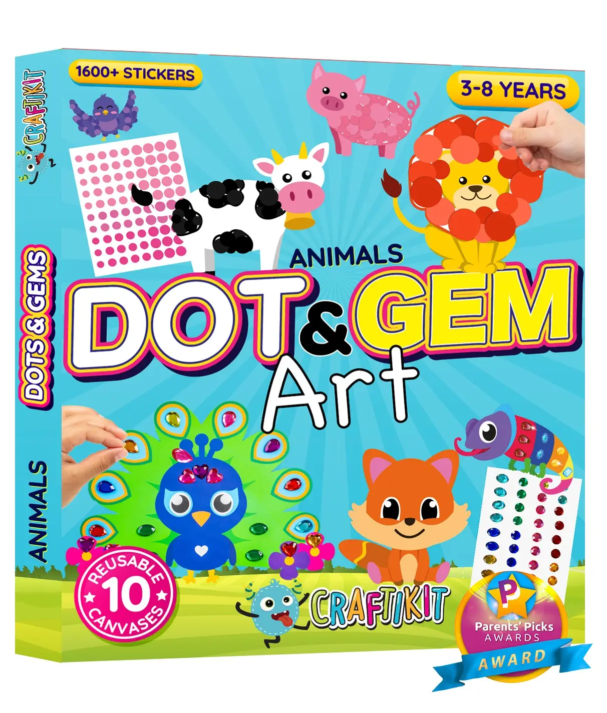 Craftikit Animals Dot & Gem Art Sticker Craft Kit for Kids Ages 3-5 - 1600+ Reusable Stickers & 10 Boards - Creative Learning & Fun Activity for Boys
