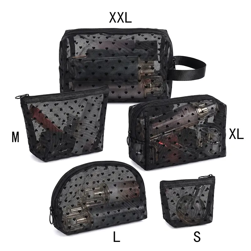 5PCS Heart Pattern Cosmetic Bags Set - Multiple Sizes, Breathable Mesh, Large Capacity, Foldable, Transparent, Zip-Closure Makeup Pouches - Pencil Organizer for Travel, Everyday Use (Home Improvement Organization)-MM2
