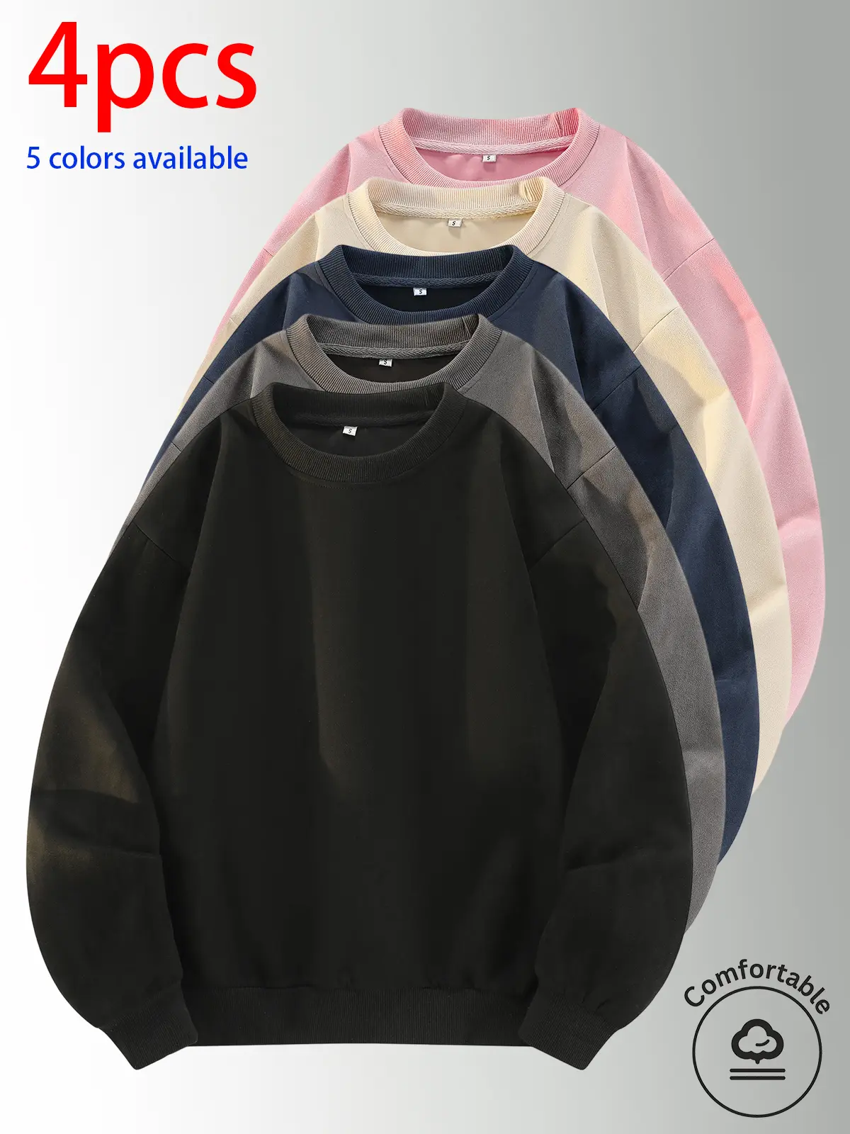 4-pack men’s crewneck sweatshirts, men’s long-sleeve sweatshirts, men’s pullover sweatshirts.Loose, comfortable fit; simple and versatile—suitable for home, everyday casual wear, outdoor sports, campus, and commuting to work. Suitable for both men and wom