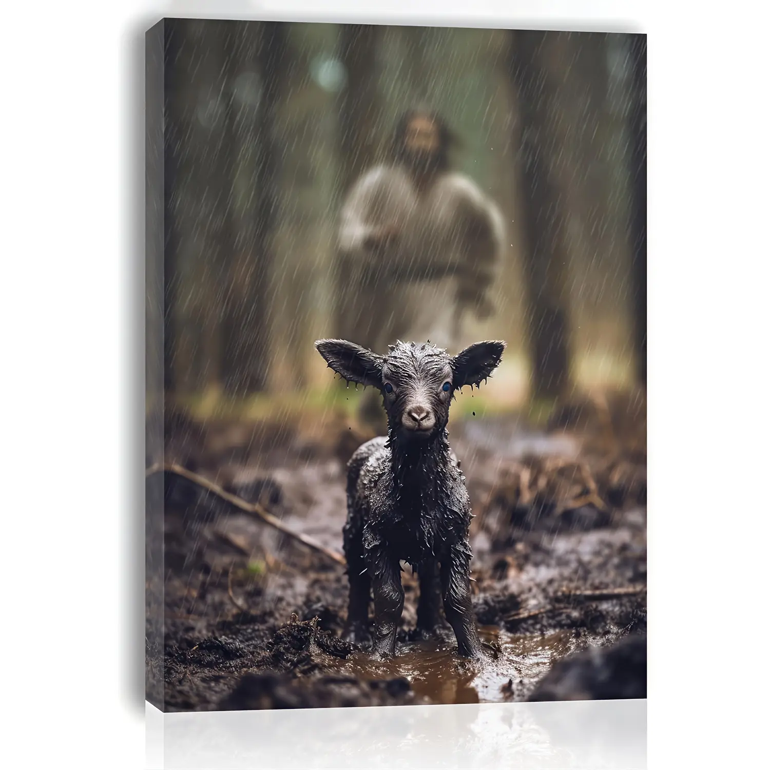1pc Religious Rustic Look Decorative Wooden Framed Canvas Print - Reflective Jesus and Black Sheep Wall Art, 11.8inch*15.7inch(30cm*40cm), Home Decor, Bedroom Display, Meaningful Festival Gift, Home Supplies