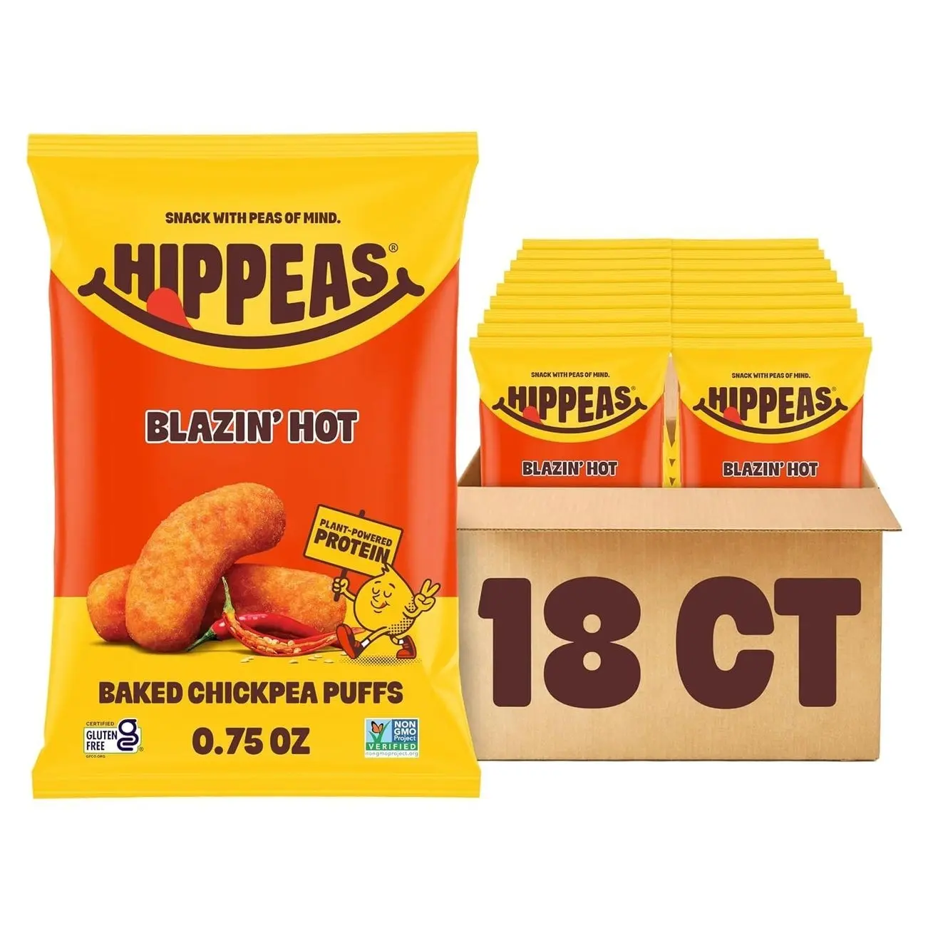 Hippeas Chickpea Puffs, Blazin' Hot, 18 x 0.75 oz Bags, Baked Crunchy Chickpea Snacks with 3g Plant Protein, 2g Fiber & 40% Less Fat, Dairy & Gluten Free, Non-GMO, Top 9 Allergen Free