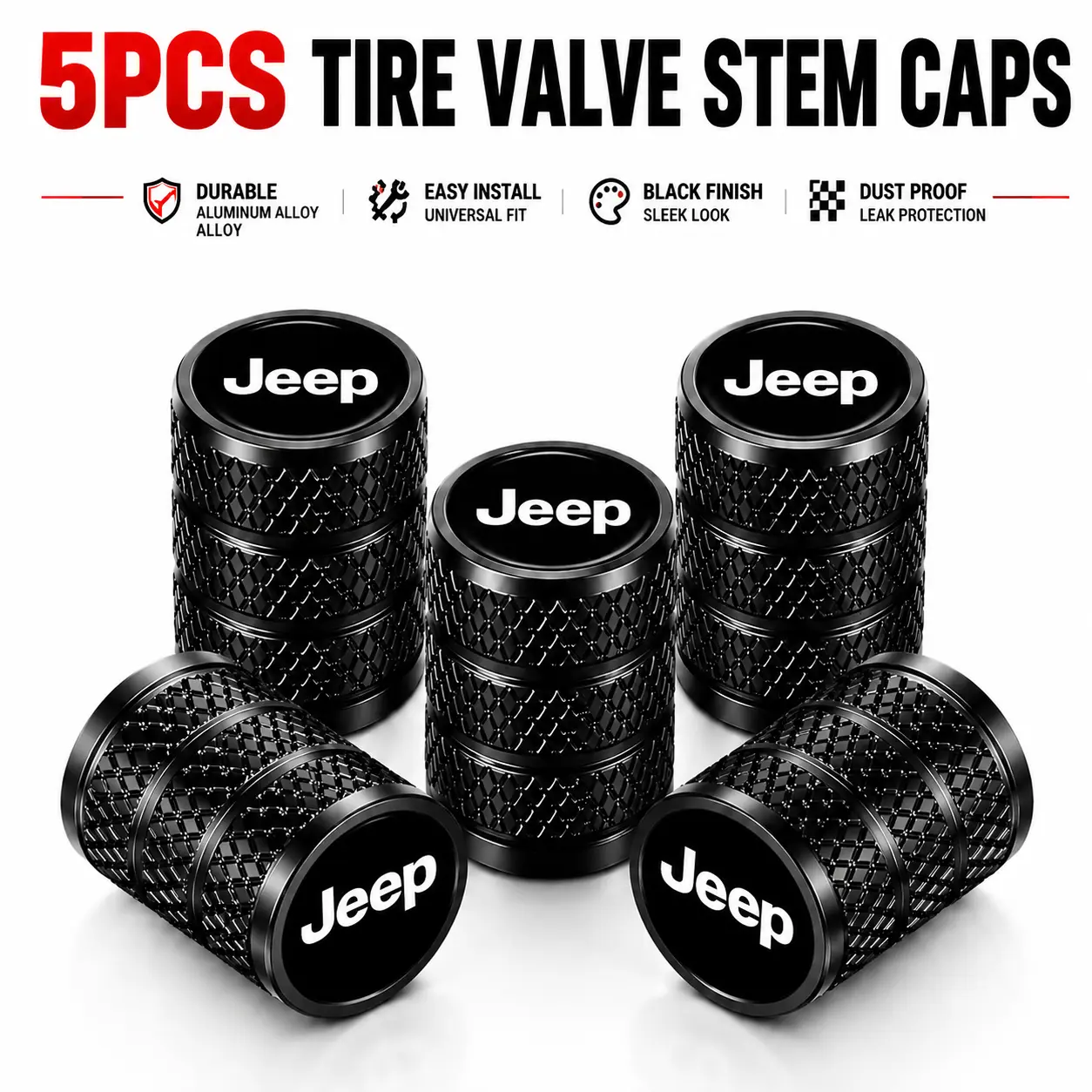 5PCS Tire Valve Stem Caps for Jeep Grand Cherokee Wrangler Compass Gladiator Cherokee Renegade Wagoneer Patriot Commander Aluminum Alloy Air Valve Caps Dust Proof Leak Proof Tire Stem Covers Car Accessories Black Red