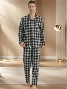 Men's Christmas Pajama Set Flannel Plaid Long Sleepwear, Casual Fitted Button Front Loungewear, Spring & Fall Home Wear