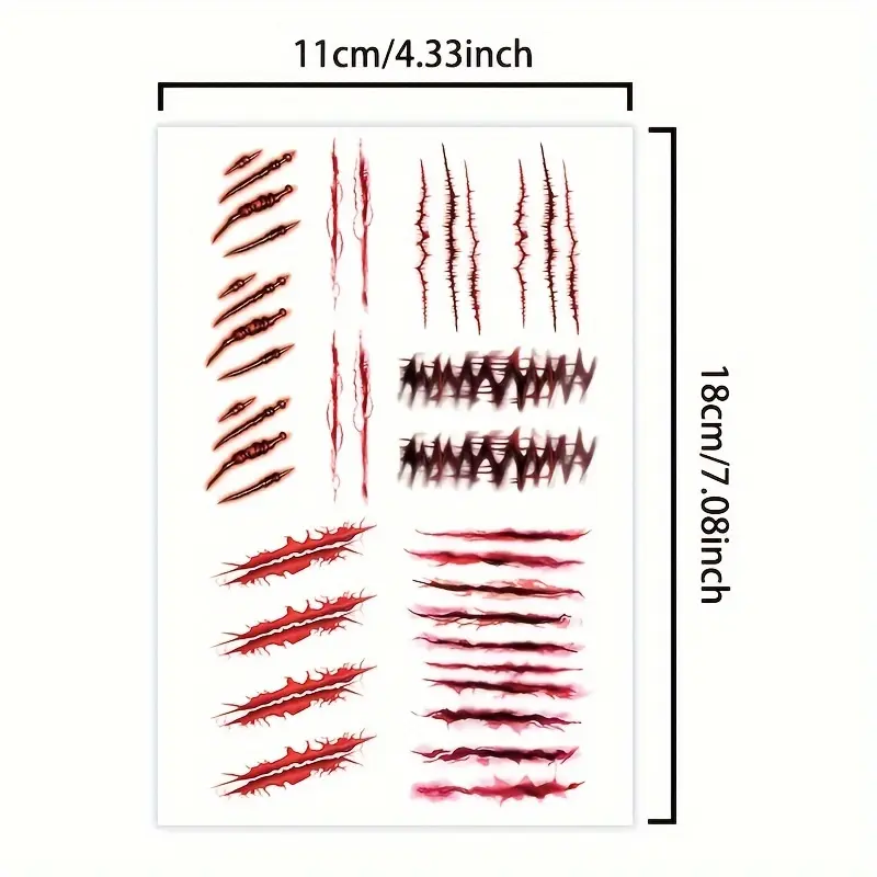 Halloween Temporary Tattoo Stickers - Waterproof Claw Mark, Scar, Blood Stain Designs, Unisex Fake Tattoo Stickers for Vampire Role Play, Masquerade, Party Gift, Body Art Prank Decor (Rectangular), Fake Tattoos