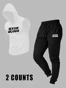 Men's Casual Graphic Hooded Vest with Long Pants, Comfortable Fitted Knit Fabric for Fall Season, Stylish Set for Everyday Wear