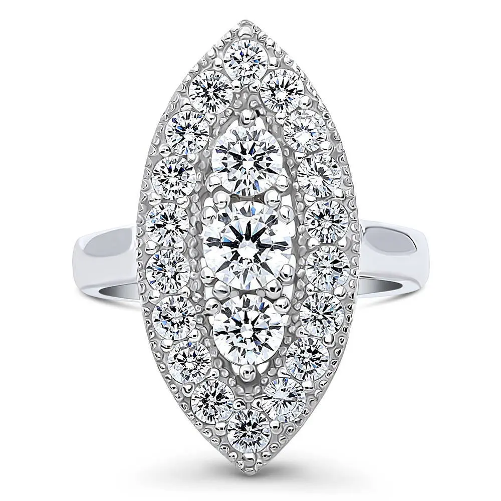 BERRICLE Sterling Silver 3-Stone Navette Milgrain Art Deco Engagement Rings Statement for Women, 0.45 Carat Round Cut Cubic Zirconia CZ Ring