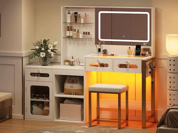 CollaredEagle Rectangular Wood Makeup Vanity Desk - Freestanding Modern Aesthetic Vanity with LED Lighted Mirror, Drawers, Storage Cabinet, Charging Station, Cosmetic Organizer & Matching Stool (White/Black)