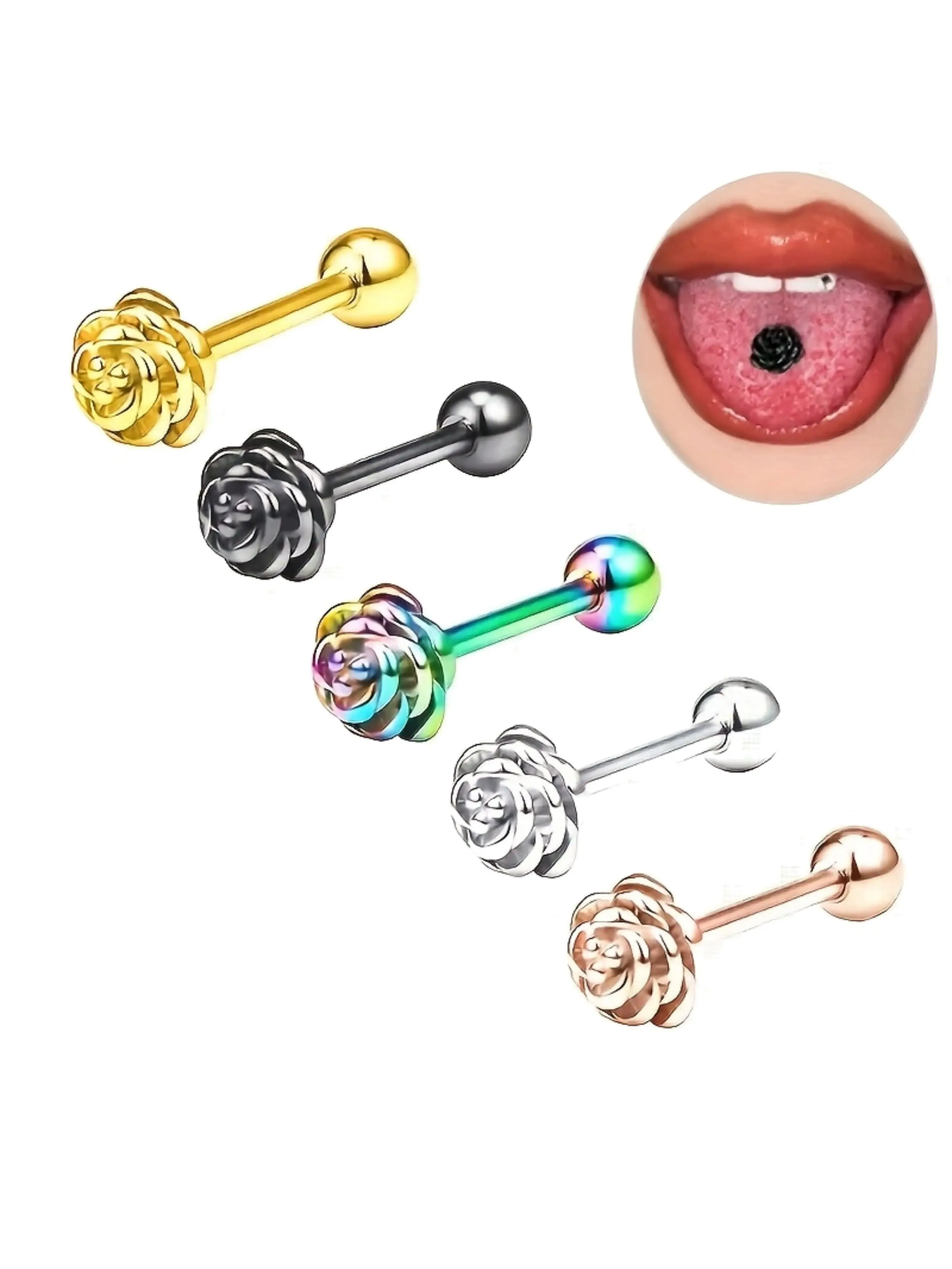 1pc Stainless Steel Tongue Piercing with Rose Ball | Body Jewelry, 18K Golden Plated, Unisex, Suitable for Daily Wear, Hip Hop Style, Body Jewellery
